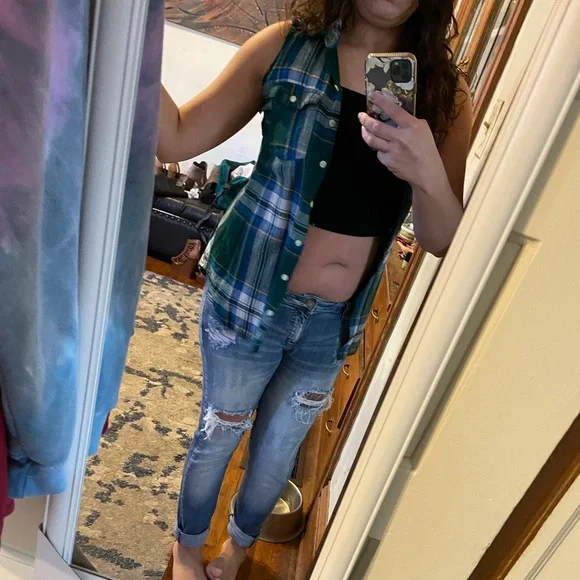 Mossimo custom DIY distressed sleeveless vest plaid flannel women's S - Picture 6 of 7